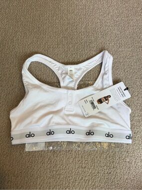 ALO Yoga White Ribbed Racerback Sports Bra with Logo Band